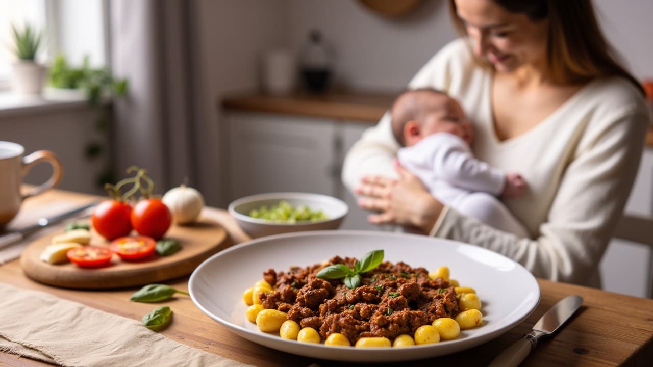 A warmly lit kitchen with a beautifully plated Nourish’d Beef Bolognese Gnocchi on a rustic wooden table. The dish features tender gnocchi coated in a rich, slow-cooked beef bolognese sauce, garnished with fresh herbs. Nearby, a new mum cradles her newborn, radiating comfort and nourishment. Fresh ingredients like ripe tomatoes and basil subtly enhance the wholesome, high-quality feel of the scene.