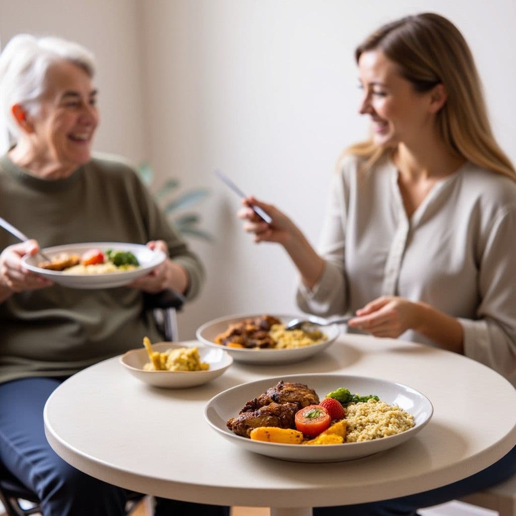 An NDIS participant in a wheelchair sharing a Nourish’d meal at the table with their carer in a warm, simple home setting.